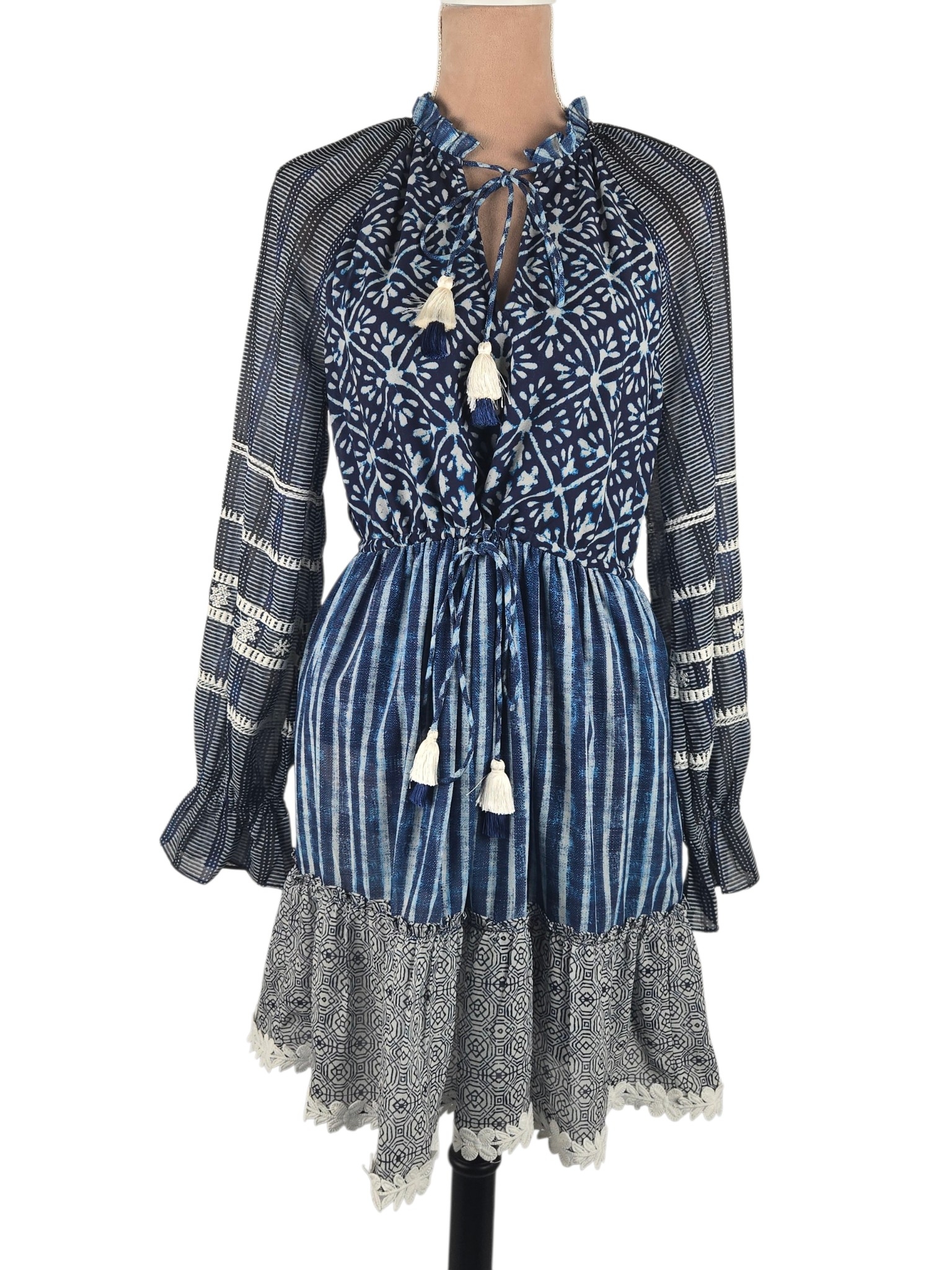 Hemant & Nandita Janki Indigo Blue Mixed Print Tassel Mini Dress Size M